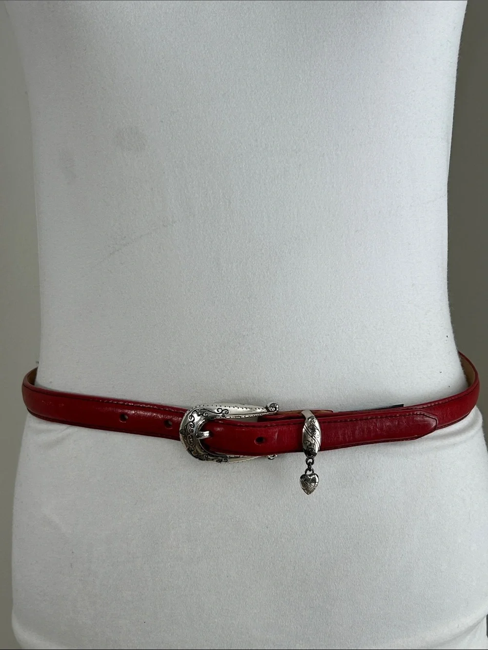 Brighton Red Leather Belt with Decorative Silver Buckle and heart charm. Size 32